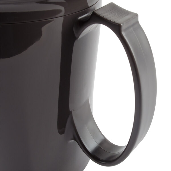 A black Cambro Harbor Collection insulated coffee mug with a handle.