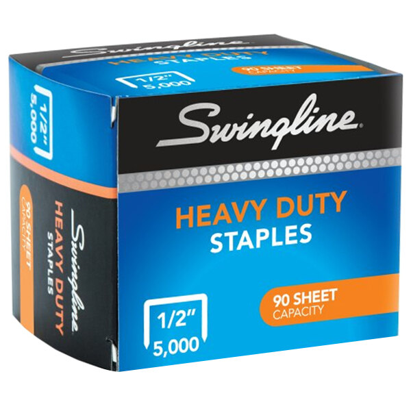 A blue and orange box of Swingline Heavy Duty Staples with black text.