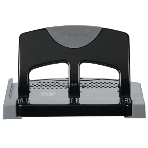 A black and gray Swingline SmartTouch 3 hole punch with a handle.