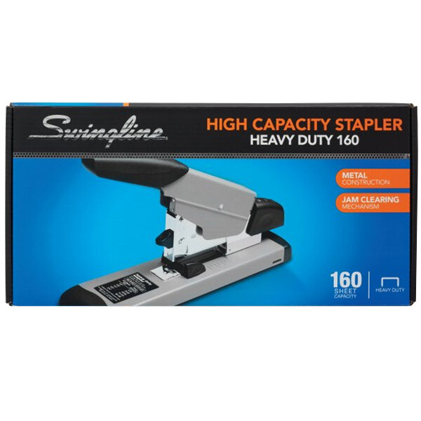 A box of a black and gray Swingline 39005 heavy-duty stapler.