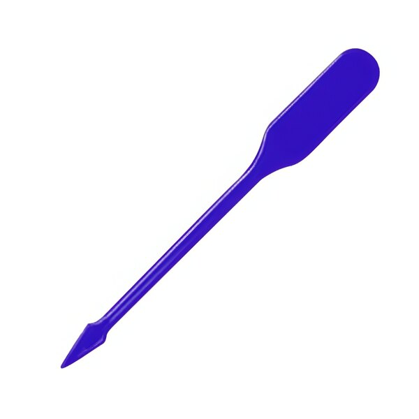 A close-up of a blue plastic WNA Comet Spirit paddle pick with a pointed tip.