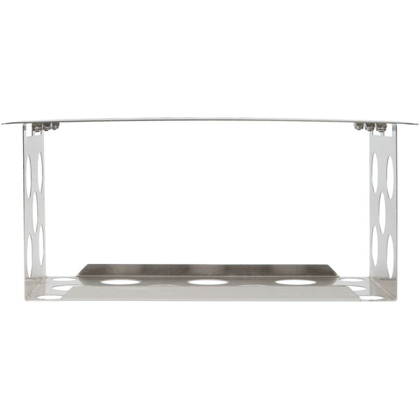 A stainless steel metal shelf with holes to hold bottles.