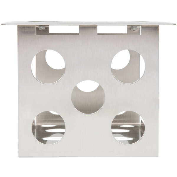 A stainless steel metal container with holes.