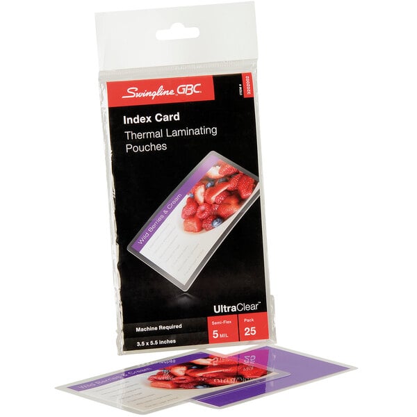 A Swingline GBC UltraClear laminating pouch packaging with a label.