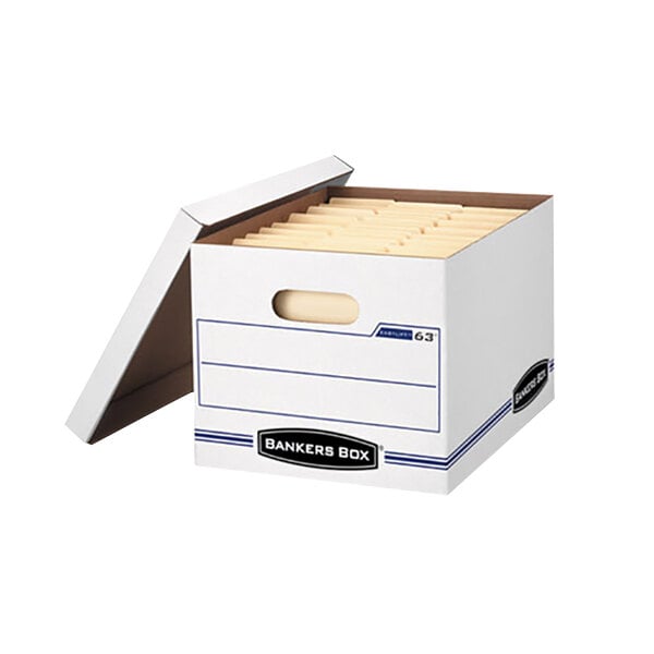 A white Fellowes Banker's Box with a lid open.