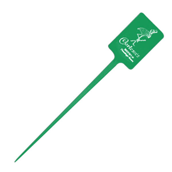 A green plastic rectangular pick with a white design on the label.