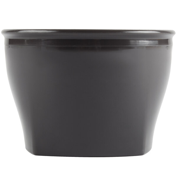 A black plastic bowl with a lid on a white background.