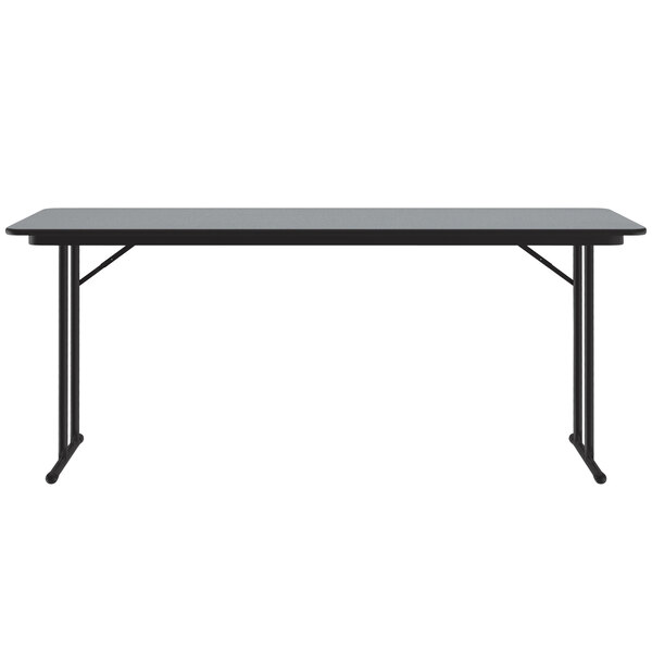 A gray rectangular Correll seminar table with off-set black legs.