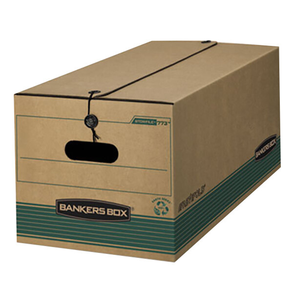 A brown Fellowes legal sized storage box with a black string and a hole in the top.
