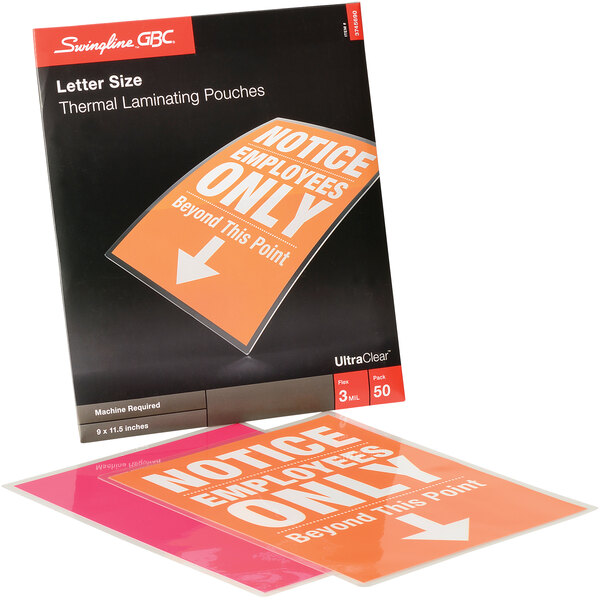A white box of Swingline UltraClear laminating pouches with white text.