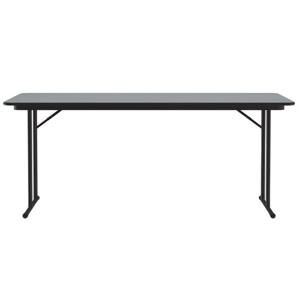A Correll rectangular gray granite seminar table with off-set black legs.