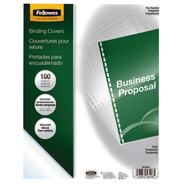 A pack of Fellowes clear binding system covers for business proposals.
