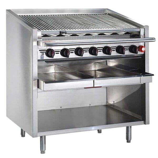 A MagiKitch'n stainless steel radiant charbroiler with an open base.