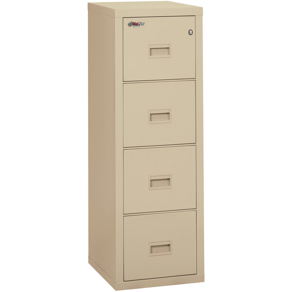 A tan FireKing filing cabinet with four drawers.