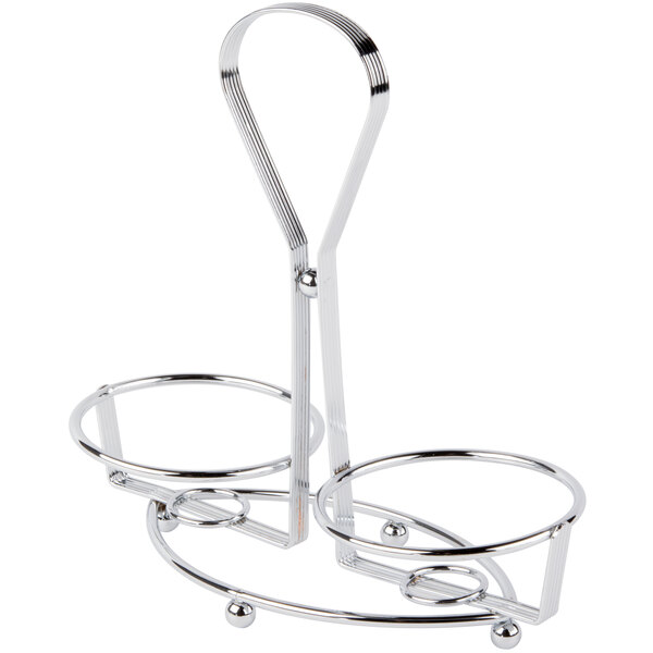 A silver chrome metal rack holding two round silver cups.