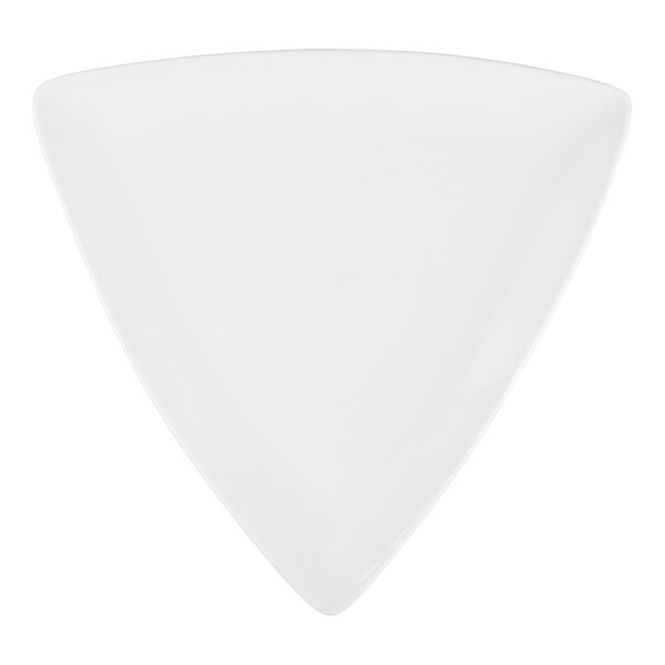 A white, triangular porcelain coupe plate.