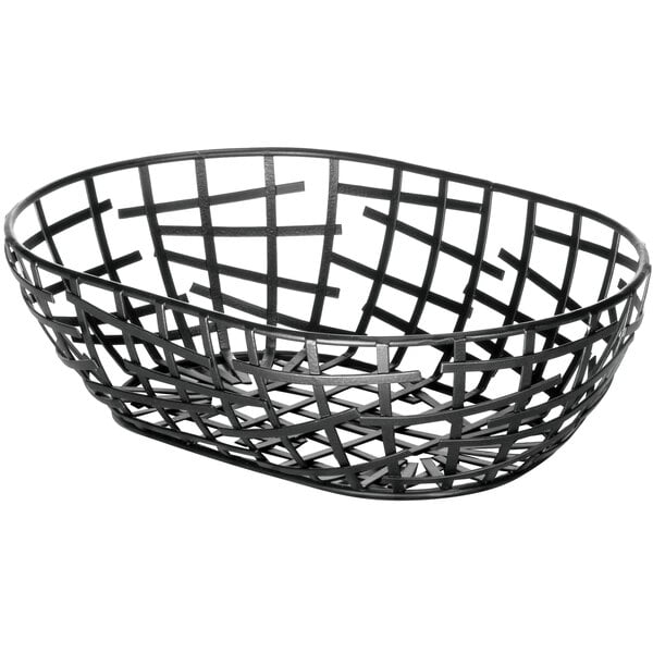 A Tablecraft black powder coated metal oval basket with a lattice design.