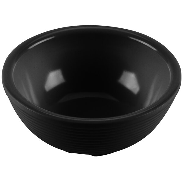 A black Tablecraft round ribbed melamine ramekin.