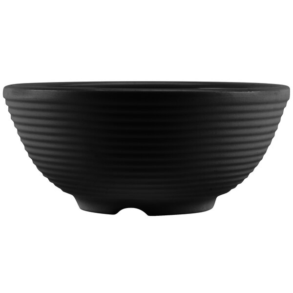 A black Tablecraft melamine ramekin with a spiral design on it.