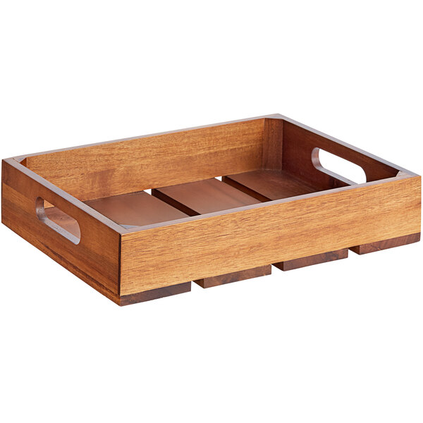 A Tablecraft Acacia serving crate with three compartments and handles.