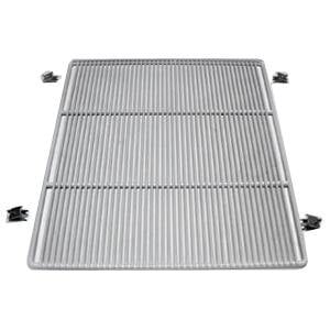 a grey metal grid with a black handle