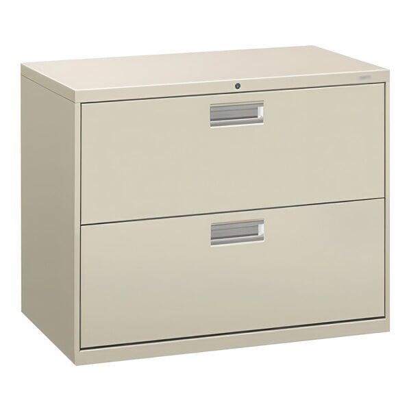 A light gray HON Brigade lateral filing cabinet with two drawers.