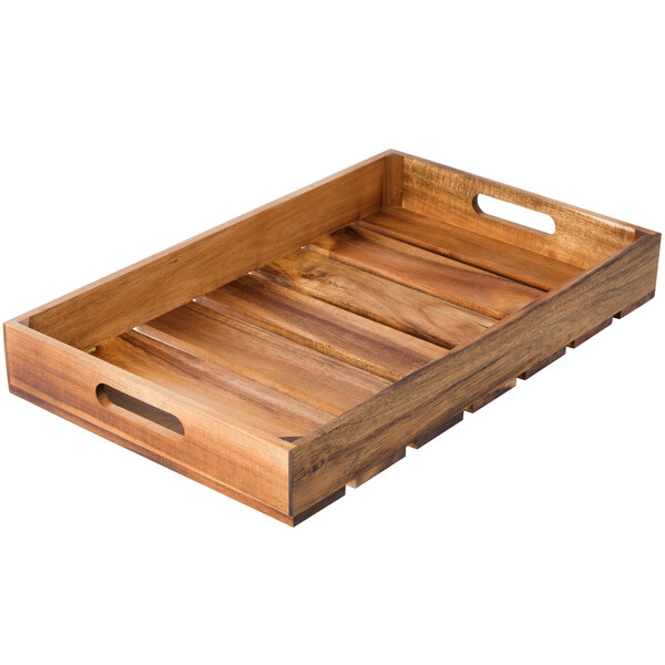 A Tablecraft acacia wood crate with handles.