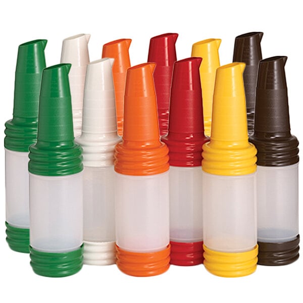A group of Tablecraft plastic bottles with different colored V-neck tops. Each bottle is a different color.