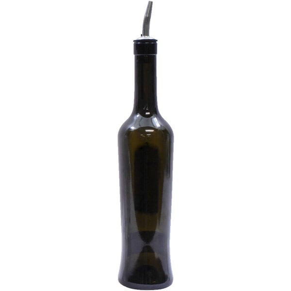 A Tablecraft dark green glass bottle with a metal spout.