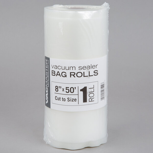 A roll of white ARY VacMaster vacuum sealer bags with paper inside.