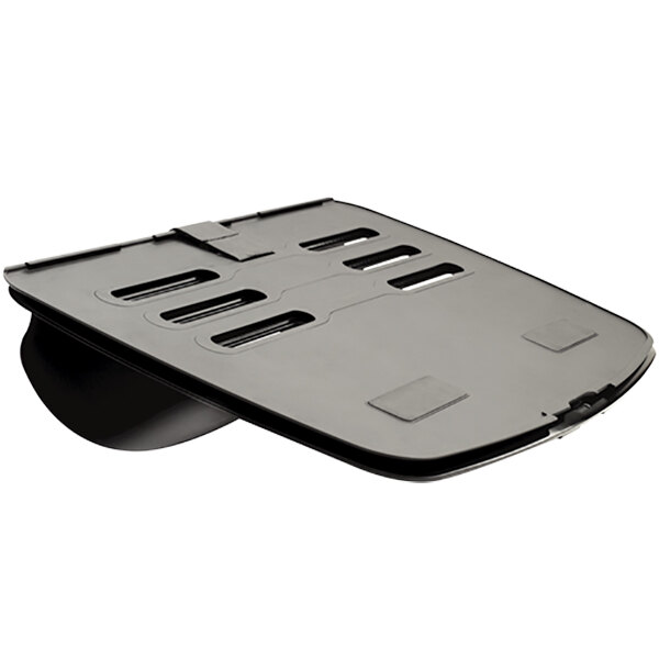 A black plastic Fellowes laptop riser with a curved edge.