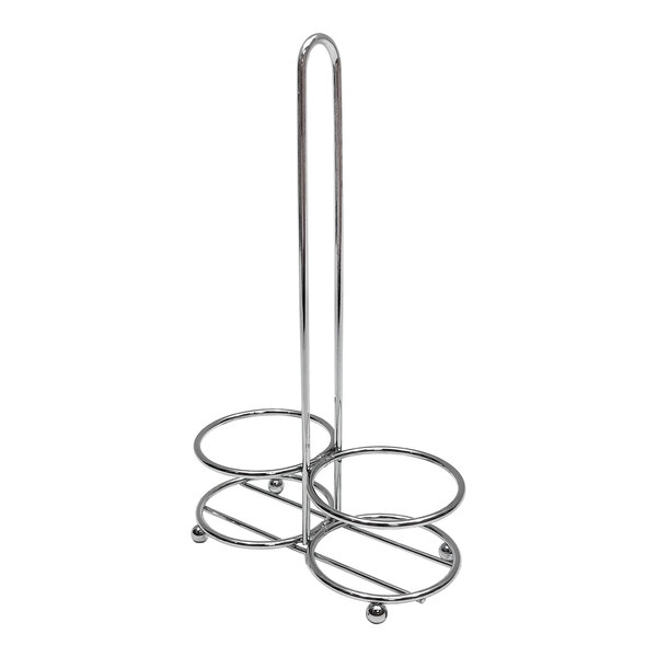 A chrome plated metal cruet rack with two rings on a round base.