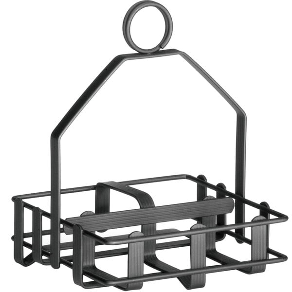 a black metal basket with a handle