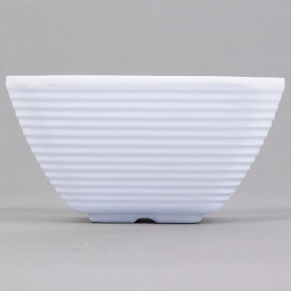 A white square Tablecraft ramekin with a ribbed pattern.