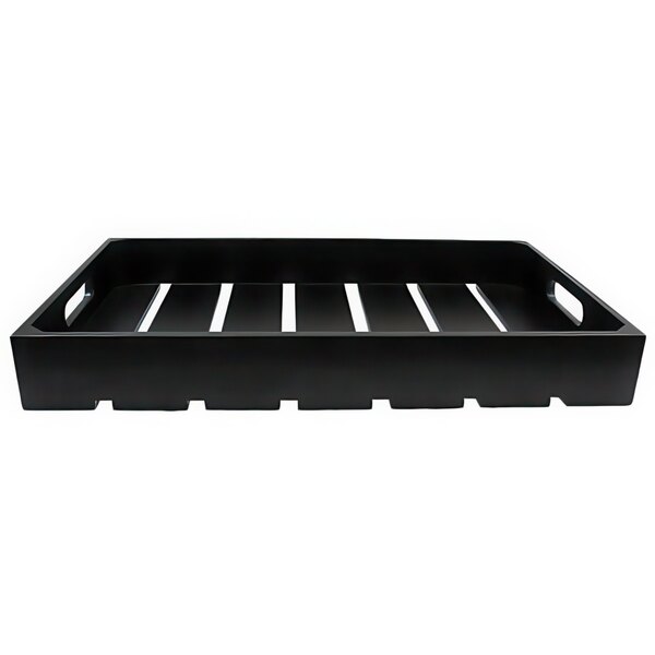 A black rectangular Tablecraft serving crate with two compartments on a counter.