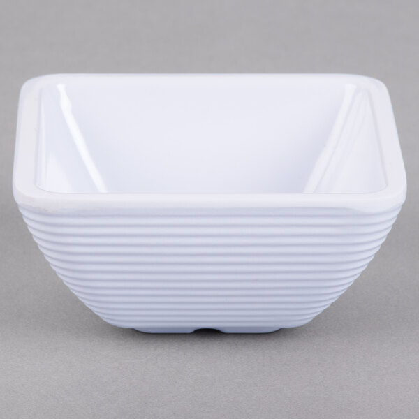 A white square Tablecraft ramekin with a ribbed design.