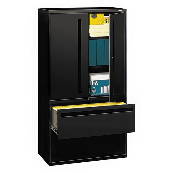 A black HON 700 Series filing cabinet with two lateral filing drawers.