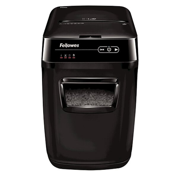 A black Fellowes AutoMax 200C paper shredder with a drawer.