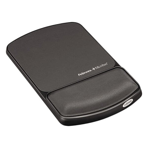 A Fellowes black rectangular mouse pad with a black cover and wrist support.