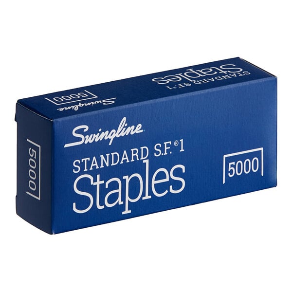 A blue box of Swingline S.F. 1 210 staples with white text.