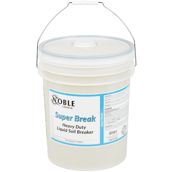 A white bucket with a blue Noble Chemical label and a handle.