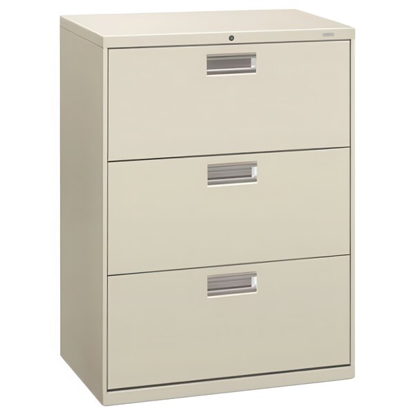 A light gray HON 3 drawer lateral file cabinet with silver handles.