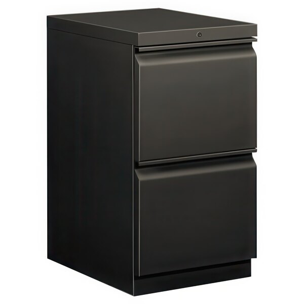 A black rectangular HON filing cabinet with two drawers.