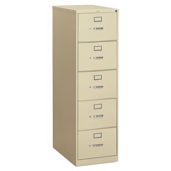 A close-up of a HON 310 Series five-drawer filing cabinet.