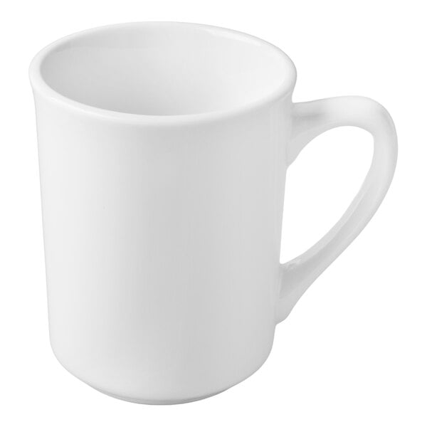 A plain white ceramic mug with a handle, shown against a white background.