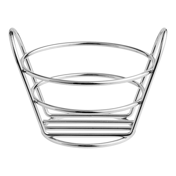 A chrome plated metal Clipper Mill round bucket basket with a handle.