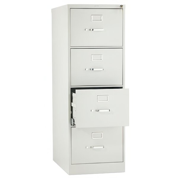 A light gray HON filing cabinet with four drawers.