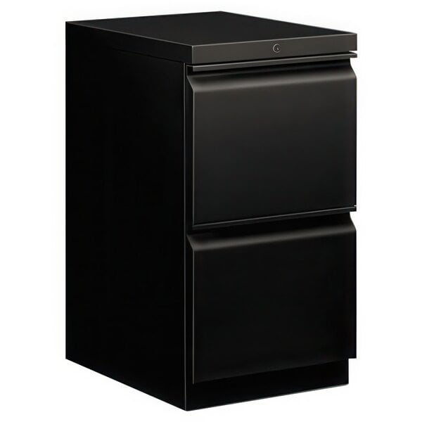 A black HON Brigade mobile pedestal filing cabinet with two drawers.