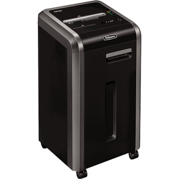 A black and silver Fellowes Powershred 225Mi micro-cut shredder.