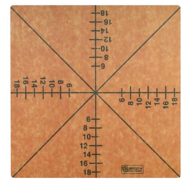 A square wood pizza slice cutting guide with black lines and numbers.